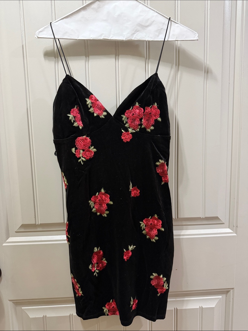 Trixxi Black Velvet Mini Dress with Red Rose Embroidery